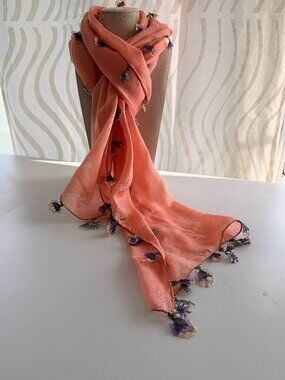 Traditional Turkish Oya Peach Lace Edged Scarf Long Rectangular 100% Lawn Cotton